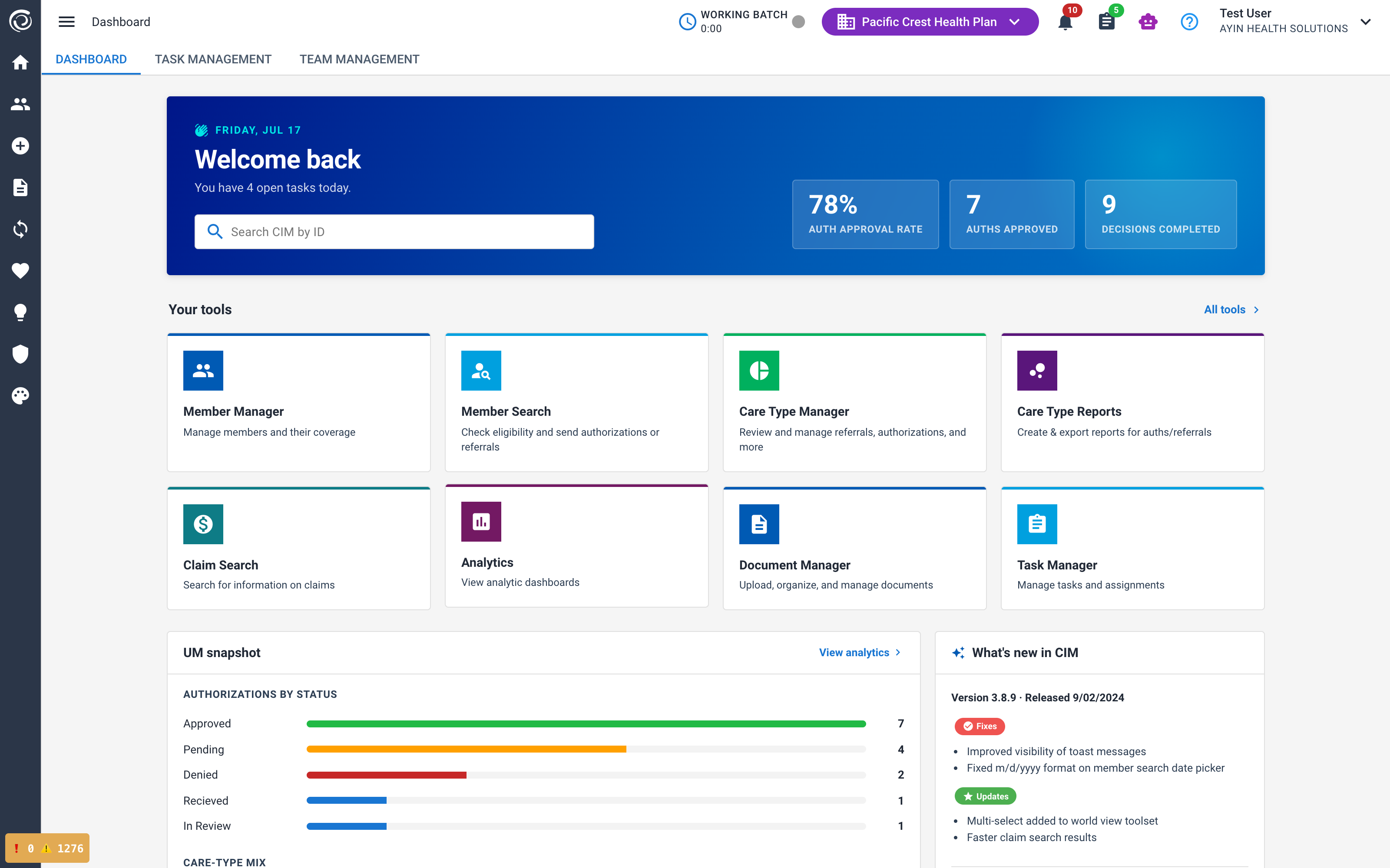 CIM UX laboratory dashboard with tool cards and fictional plan context