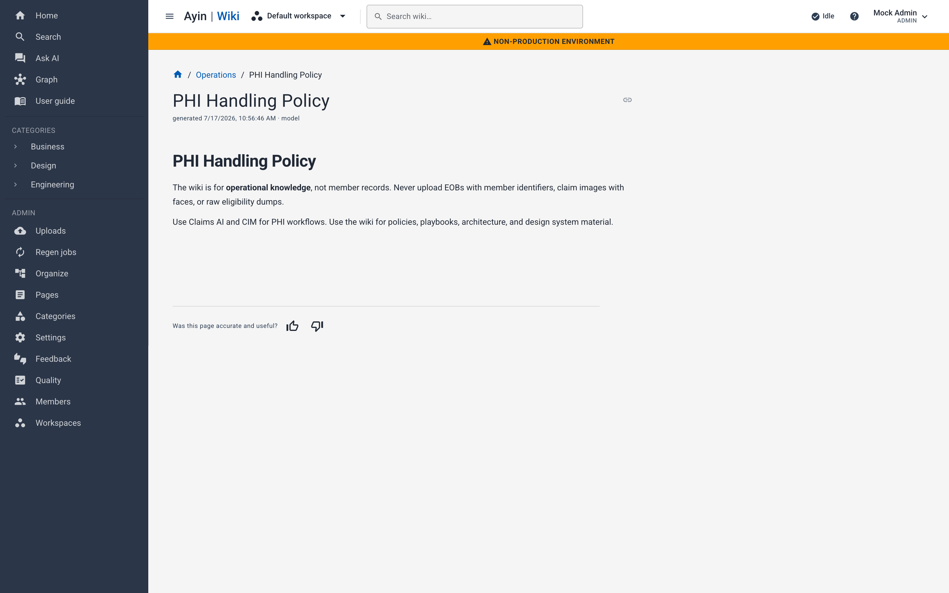 Generated wiki page (PHI Handling Policy) with body content and feedback